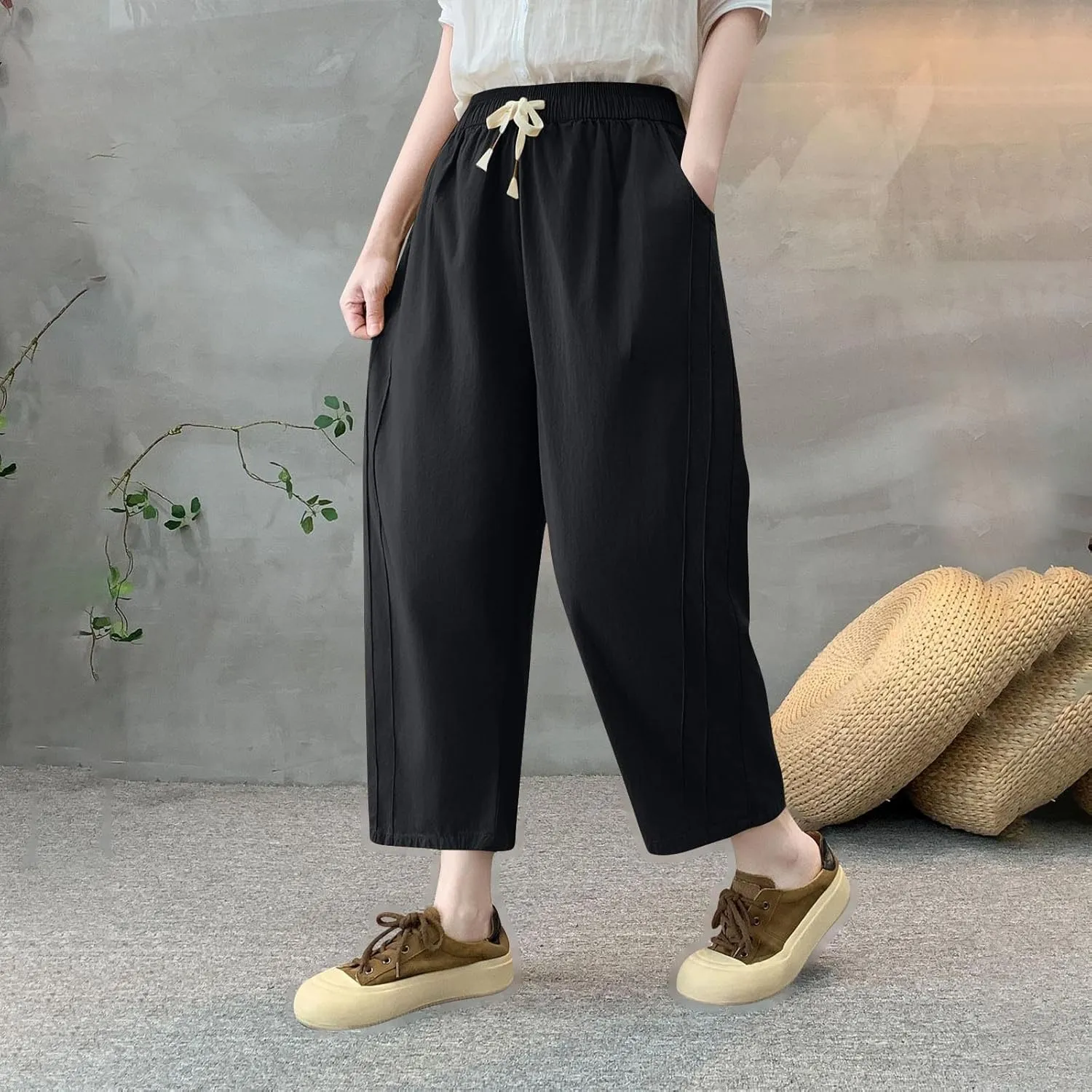 Lmdudan Women Linen Cotton Capri Pants Loose Fit Elastic Waist Wide Leg Baggy Pants 2025 Summer Drawstring Cropped Trousers