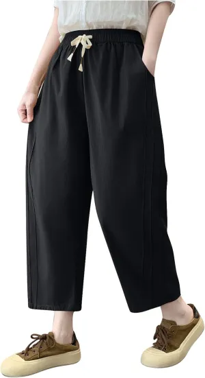Lmdudan Women Linen Cotton Capri Pants Loose Fit Elastic Waist Wide Leg Baggy Pants 2025 Summer Drawstring Cropped Trousers