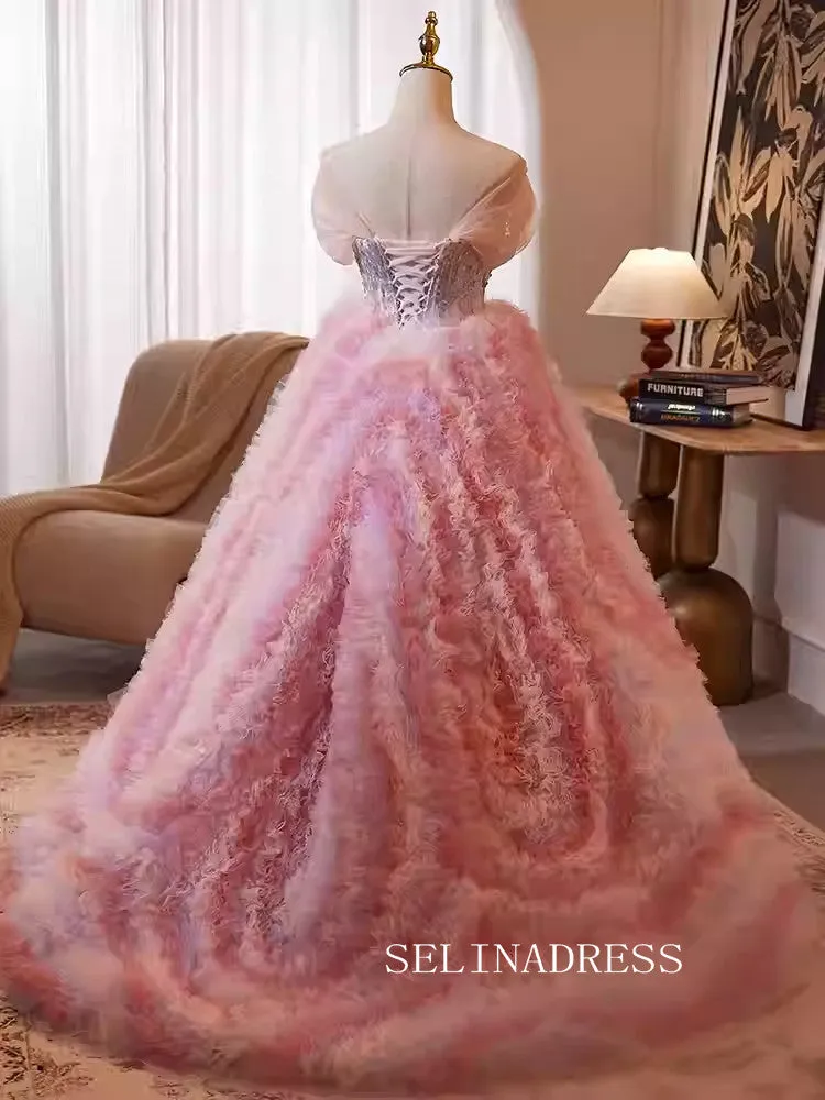 Lovely Pink Off-the-shoulder Ball Gown Princess Dress Elegant Beaded Formal Dress JKL2587