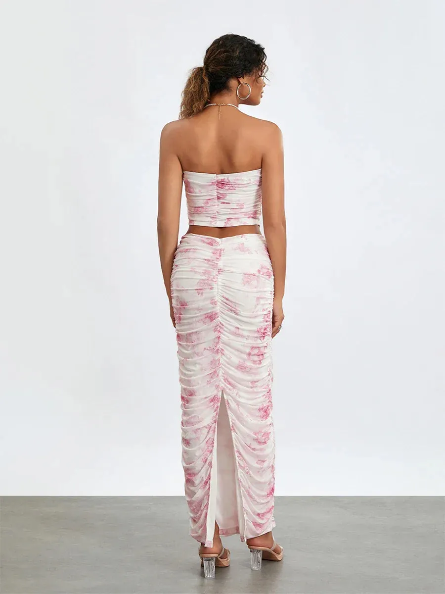 LVSANW wsevypo Women's Floral 2 Piece Dress Sets Chic Summer Sleeveless Off Shoulder Crop Tube Tops and Wrap Long Skirt Ruched Sets