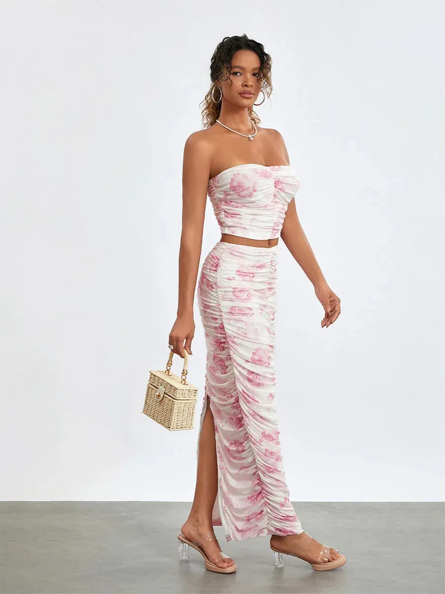 LVSANW wsevypo Women's Floral 2 Piece Dress Sets Chic Summer Sleeveless Off Shoulder Crop Tube Tops and Wrap Long Skirt Ruched Sets