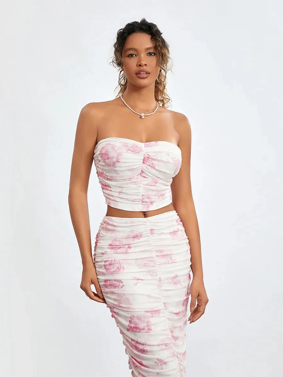 LVSANW wsevypo Women's Floral 2 Piece Dress Sets Chic Summer Sleeveless Off Shoulder Crop Tube Tops and Wrap Long Skirt Ruched Sets