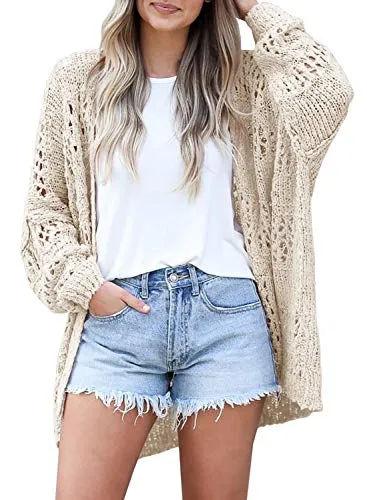 Mafulus Women's Crochet Cardigan Kimono Boho Long Sleeve Lightweight Soft Oversized Open Front Knitted Sweater Beige