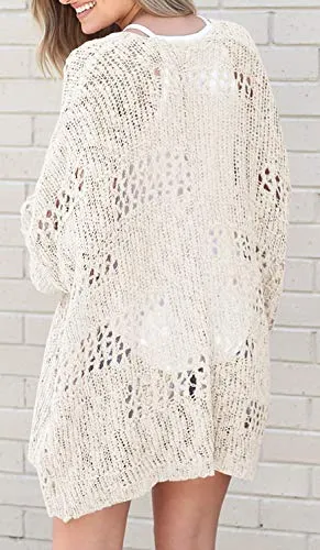 Mafulus Women's Crochet Cardigan Kimono Boho Long Sleeve Lightweight Soft Oversized Open Front Knitted Sweater Beige
