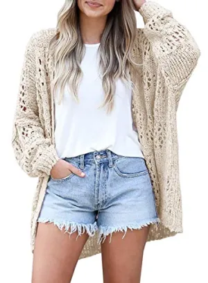 Mafulus Women's Crochet Cardigan Kimono Boho Long Sleeve Lightweight Soft Oversized Open Front Knitted Sweater Beige