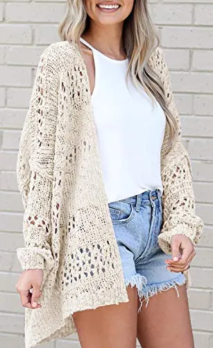 Mafulus Women's Crochet Cardigan Kimono Boho Long Sleeve Lightweight Soft Oversized Open Front Knitted Sweater Beige