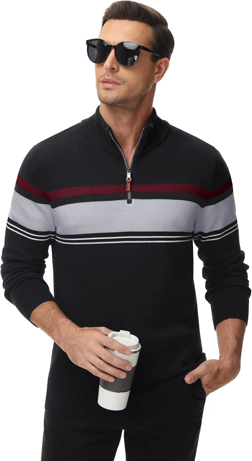 MAGCOMSEN Men's Sweaters 1/4 Zip Cotton Sweater Pullover Polo Sweaters Striped Fall Winter Warm Sweatshirts