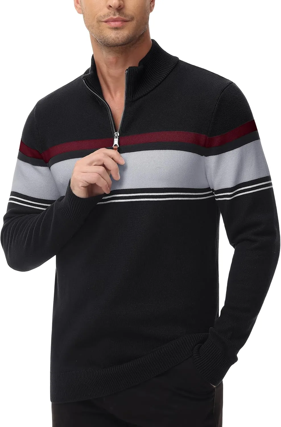 MAGCOMSEN Men's Sweaters 1/4 Zip Cotton Sweater Pullover Polo Sweaters Striped Fall Winter Warm Sweatshirts