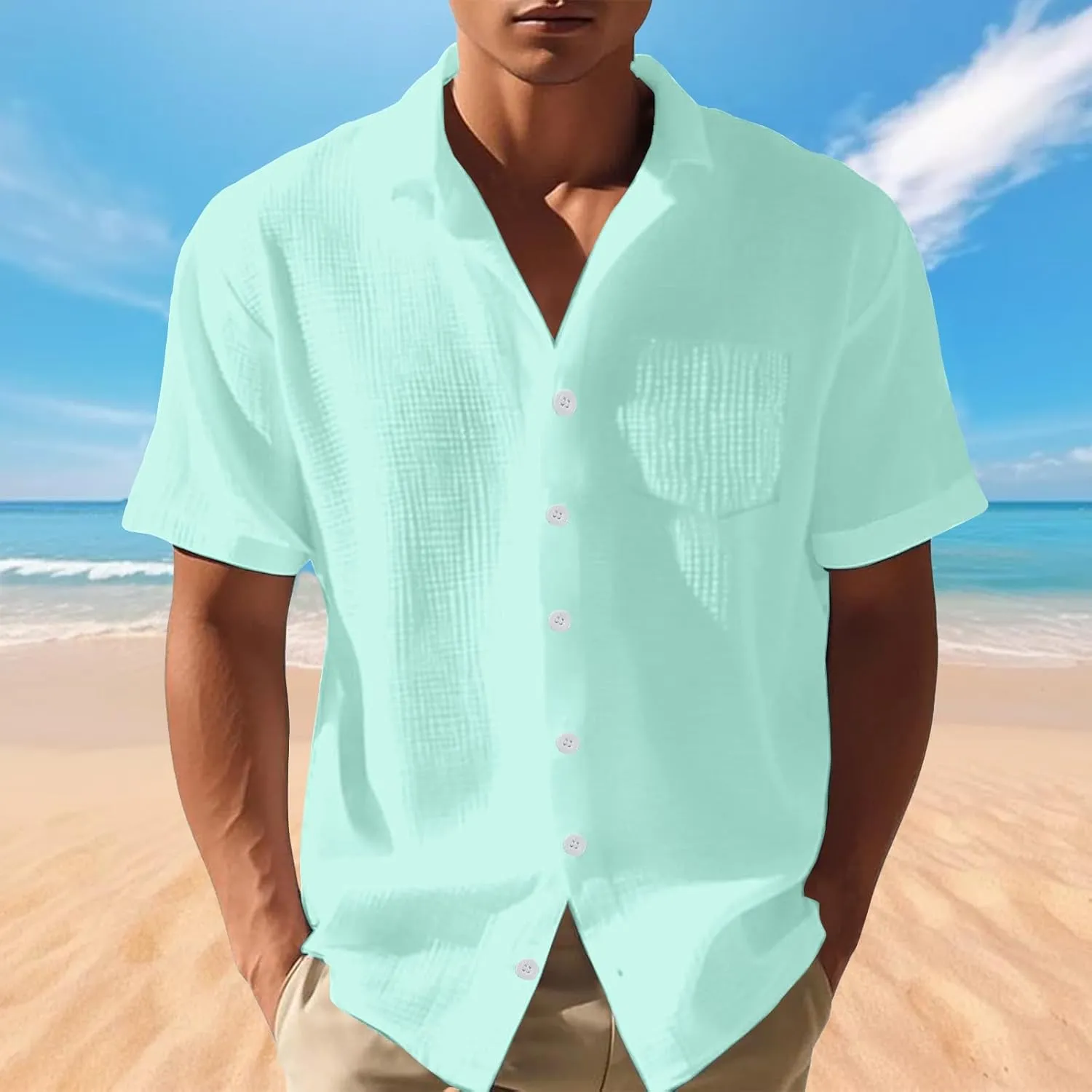 Men's Button Down Short Sleeve Shirt Big and Tall Casual Cotton Dress Summer Beach Dress Linen Henley Shirts Wedding