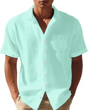 Men's Button Down Short Sleeve Shirt Big and Tall Casual Cotton Dress Summer Beach Dress Linen Henley Shirts Wedding