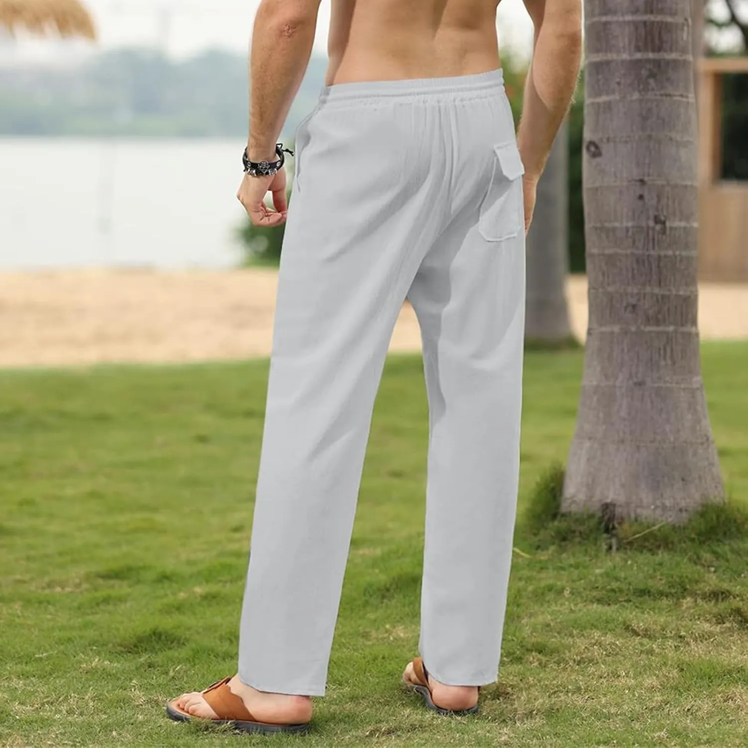 Men's Casual Cotton Linen Pants Lightweight Drawstring Pant Solid Color Slim Fit Trousers Beach Summer Pants