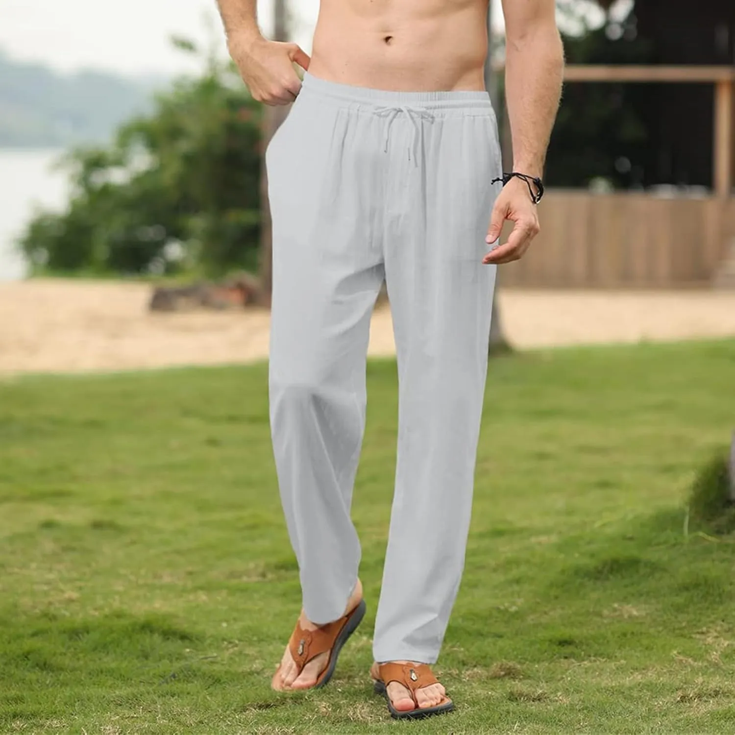Men's Casual Cotton Linen Pants Lightweight Drawstring Pant Solid Color Slim Fit Trousers Beach Summer Pants