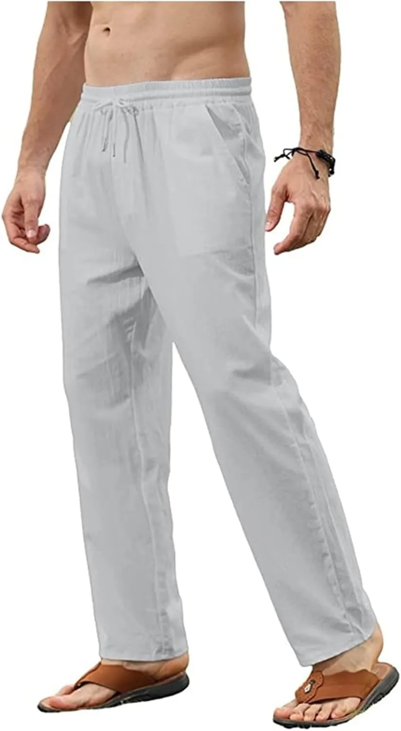 Men's Casual Cotton Linen Pants Lightweight Drawstring Pant Solid Color Slim Fit Trousers Beach Summer Pants