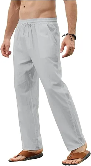 Men's Casual Cotton Linen Pants Lightweight Drawstring Pant Solid Color Slim Fit Trousers Beach Summer Pants