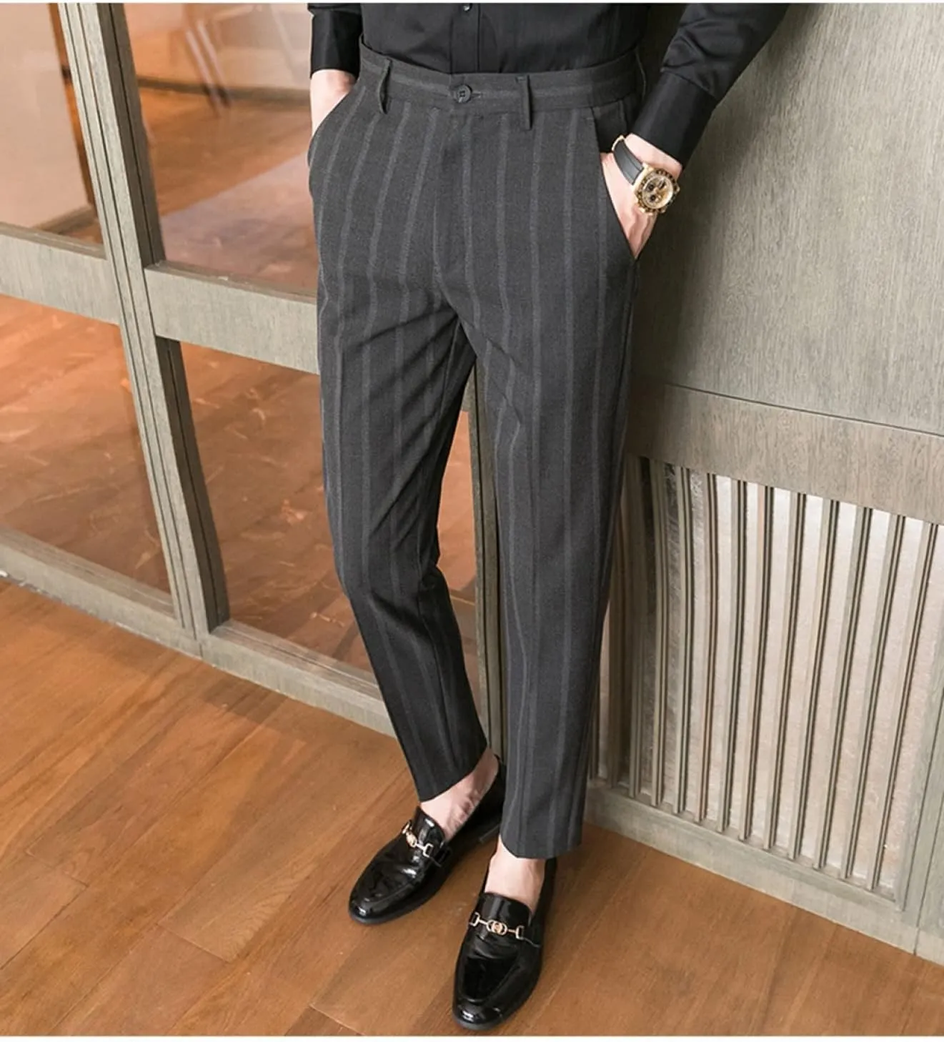 Men's Casual Flat-Front Stretch Slim Fit Dress Pant, Lightweight British Style Plaid Chino Pants