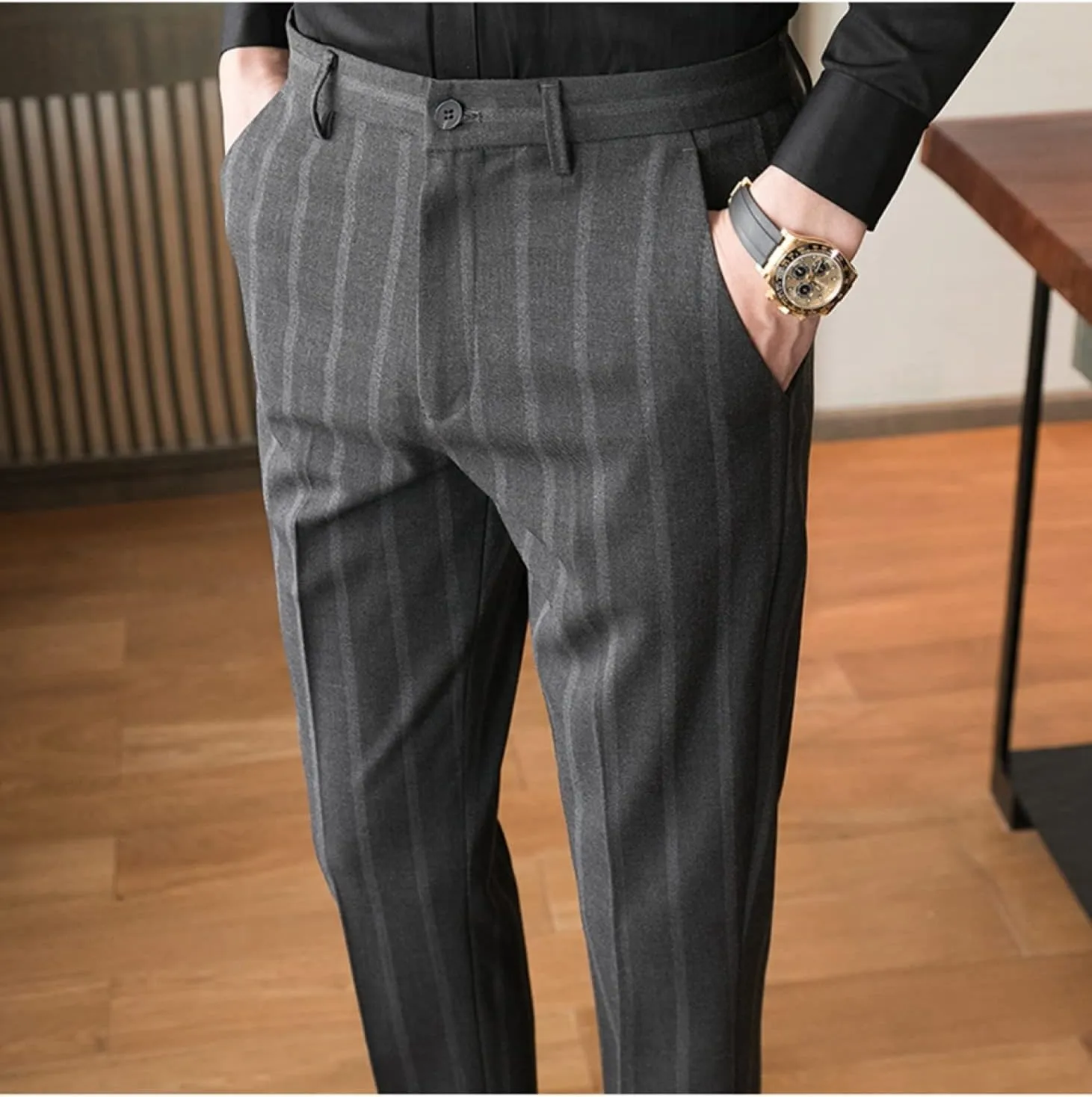 Men's Casual Flat-Front Stretch Slim Fit Dress Pant, Lightweight British Style Plaid Chino Pants