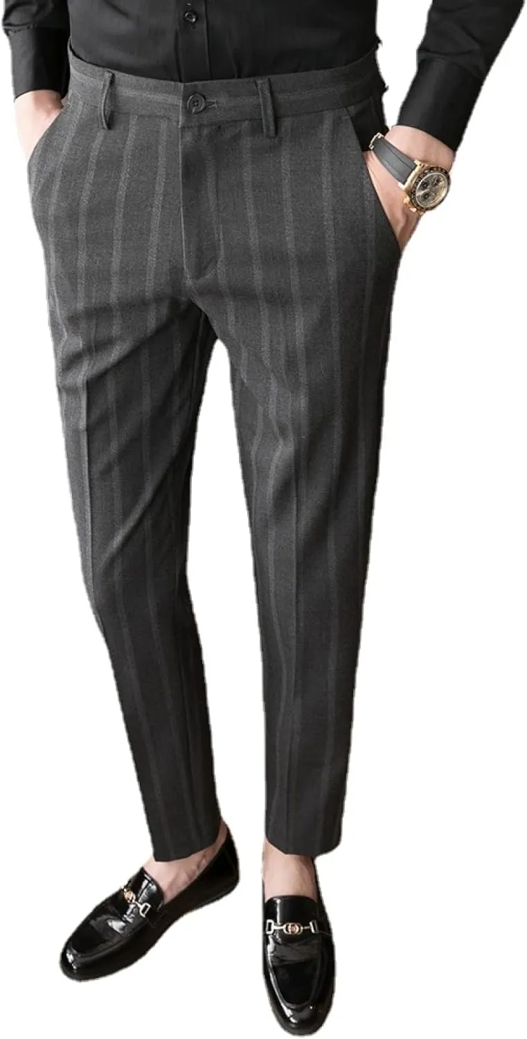 Men's Casual Flat-Front Stretch Slim Fit Dress Pant, Lightweight British Style Plaid Chino Pants