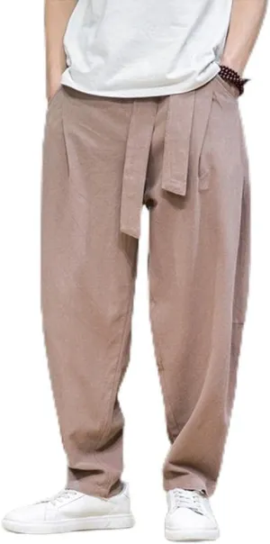 Mens Hardwearing Comfortable Trousers Cotton Linen Pants Elastic Waist Harem Pants Loose