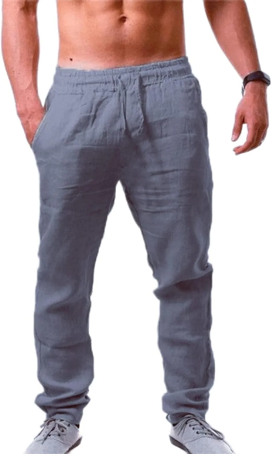 Men's Linen Pants Casual Long Pants - Loose Lightweight Drawstring Yoga Beach Trousers Casual Trousers
