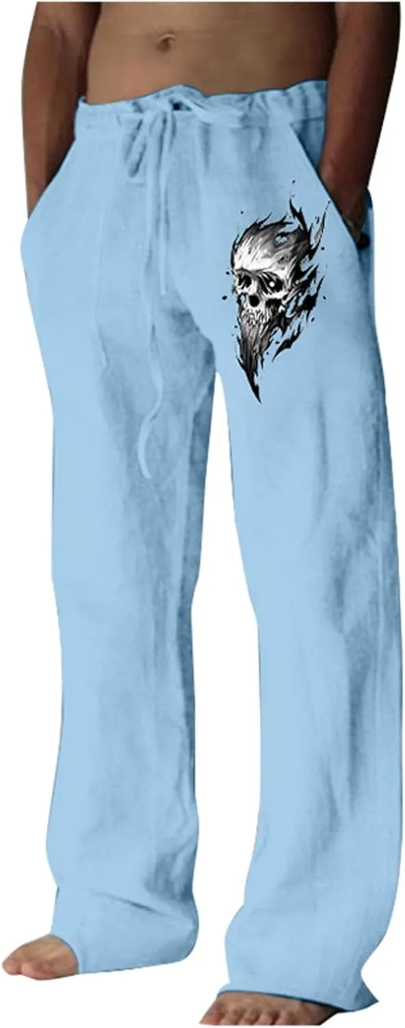 Men's Linen Pants Loose Fit Skull Printed Lightweight Pants Casual Elastic Waist Summer Pant with Pockets
