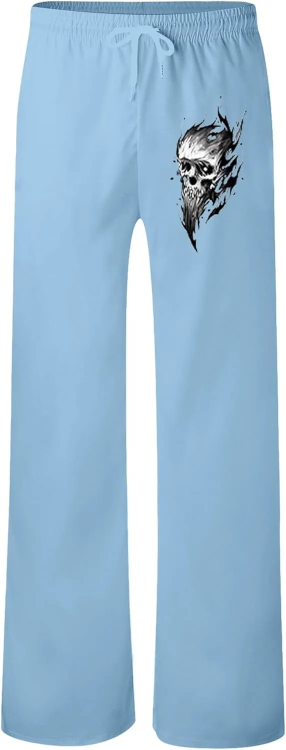 Men's Linen Pants Loose Fit Skull Printed Lightweight Pants Casual Elastic Waist Summer Pant with Pockets