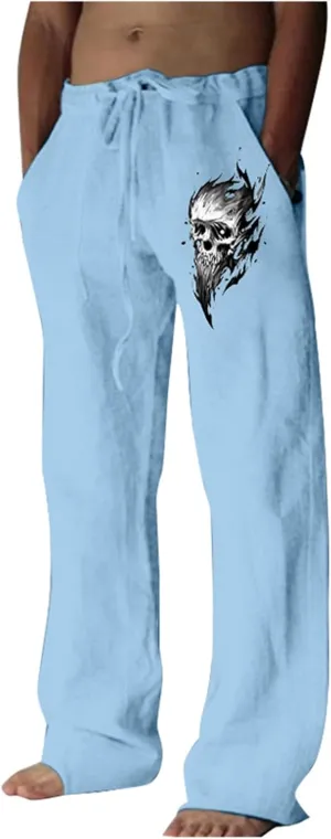 Men's Linen Pants Loose Fit Skull Printed Lightweight Pants Casual Elastic Waist Summer Pant with Pockets