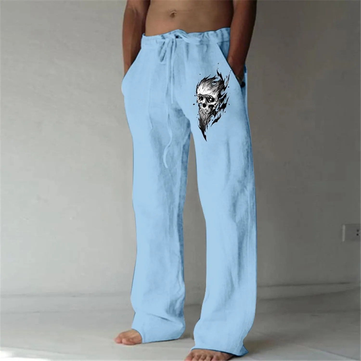 Men's Linen Pants Loose Fit Skull Printed Lightweight Pants Casual Elastic Waist Summer Pant with Pockets