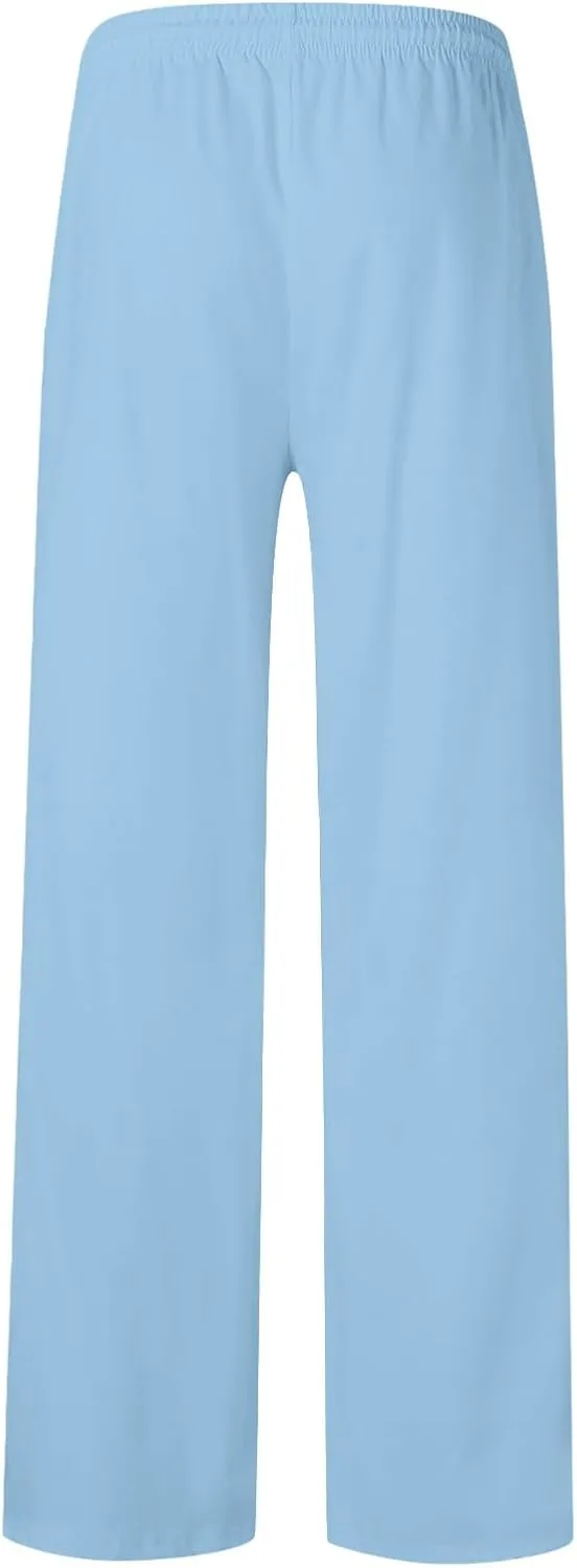 Men's Linen Pants Loose Fit Skull Printed Lightweight Pants Casual Elastic Waist Summer Pant with Pockets