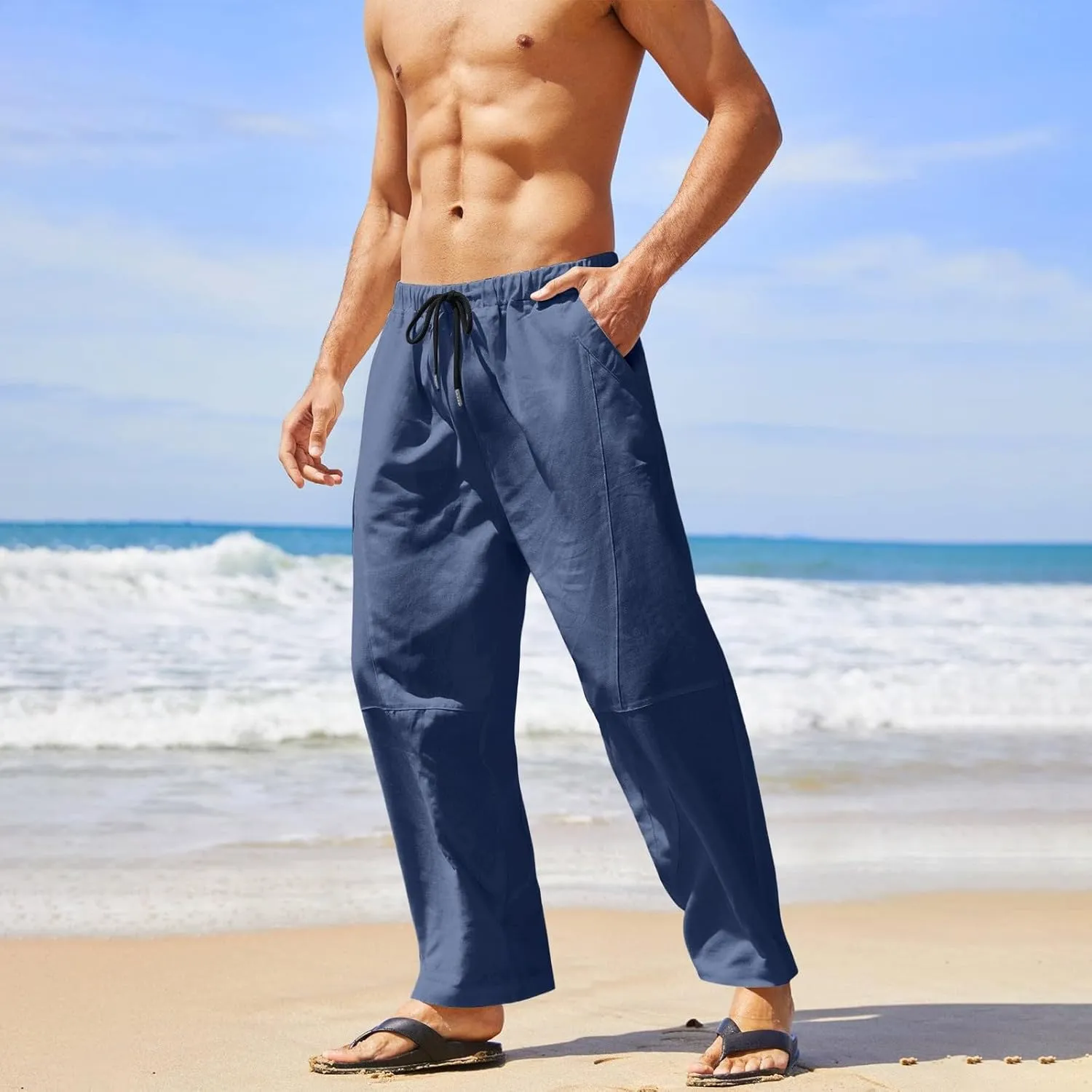 Mens Linen Pants with Pockets Casual Lightweight Breathable Summer Pant Straight Leg Drawstring Holiday Daily Sweetpants