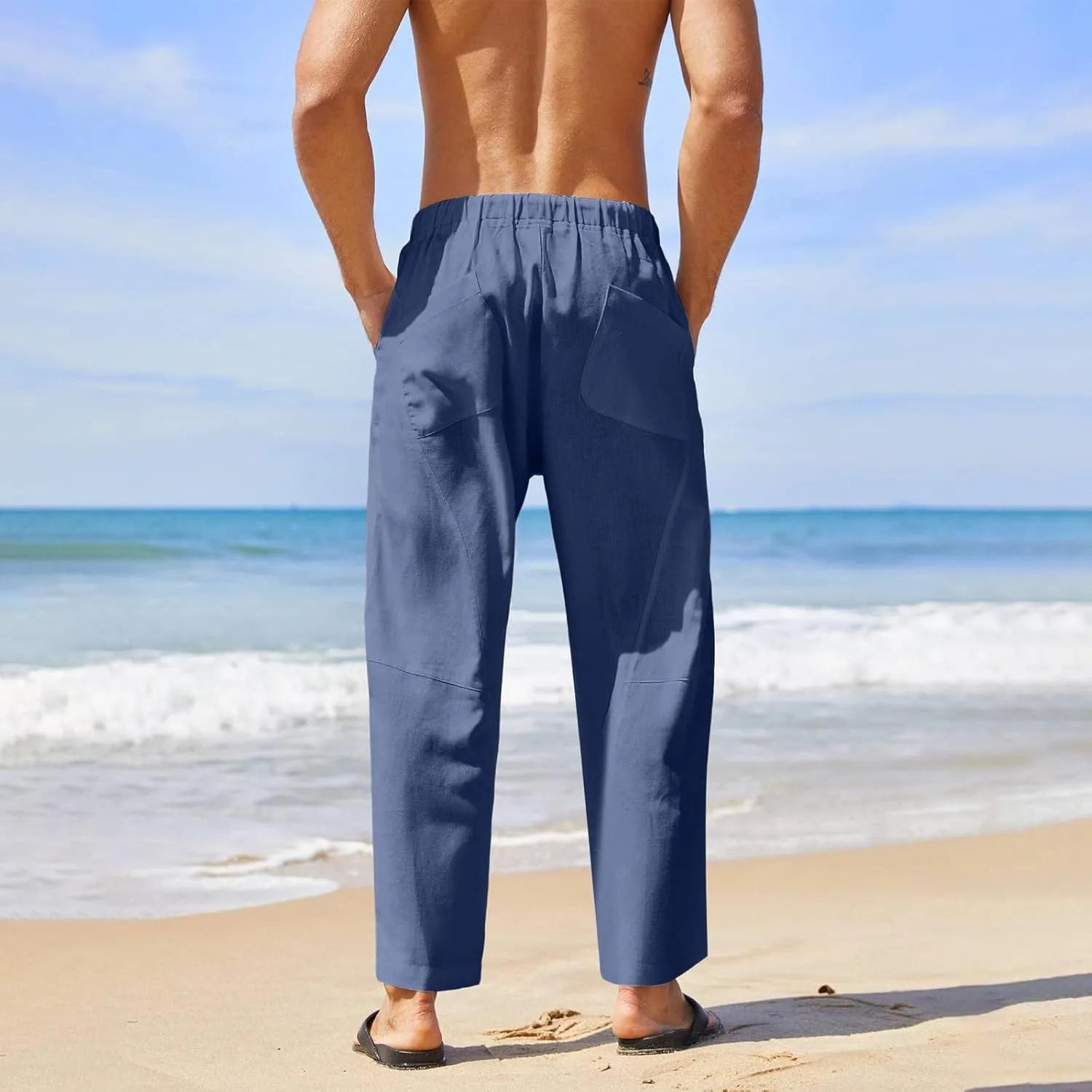 Mens Linen Pants with Pockets Casual Lightweight Breathable Summer Pant Straight Leg Drawstring Holiday Daily Sweetpants