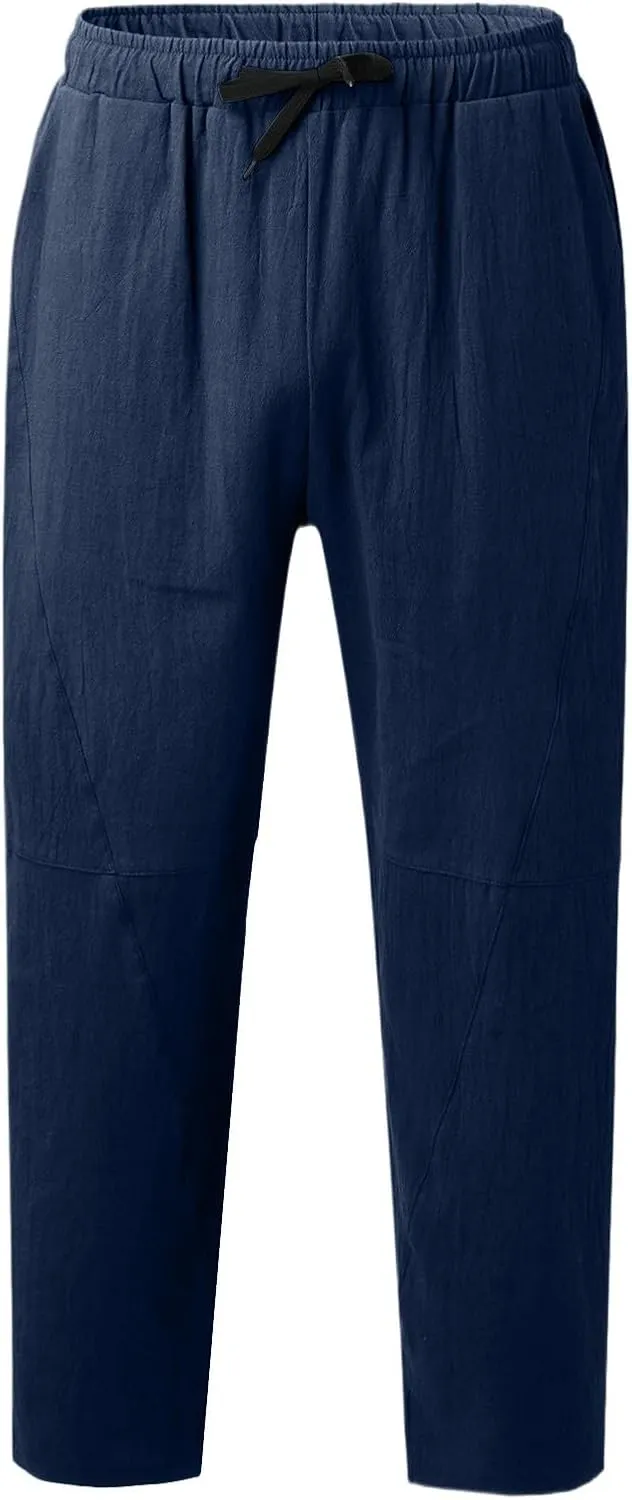 Mens Linen Pants with Pockets Casual Lightweight Breathable Summer Pant Straight Leg Drawstring Holiday Daily Sweetpants
