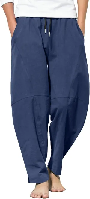 Mens Linen Pants with Pockets Casual Lightweight Breathable Summer Pant Straight Leg Drawstring Holiday Daily Sweetpants