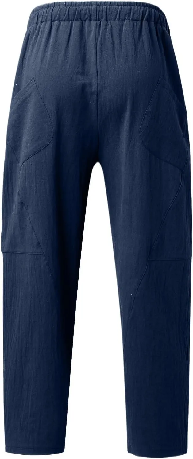 Mens Linen Pants with Pockets Casual Lightweight Breathable Summer Pant Straight Leg Drawstring Holiday Daily Sweetpants