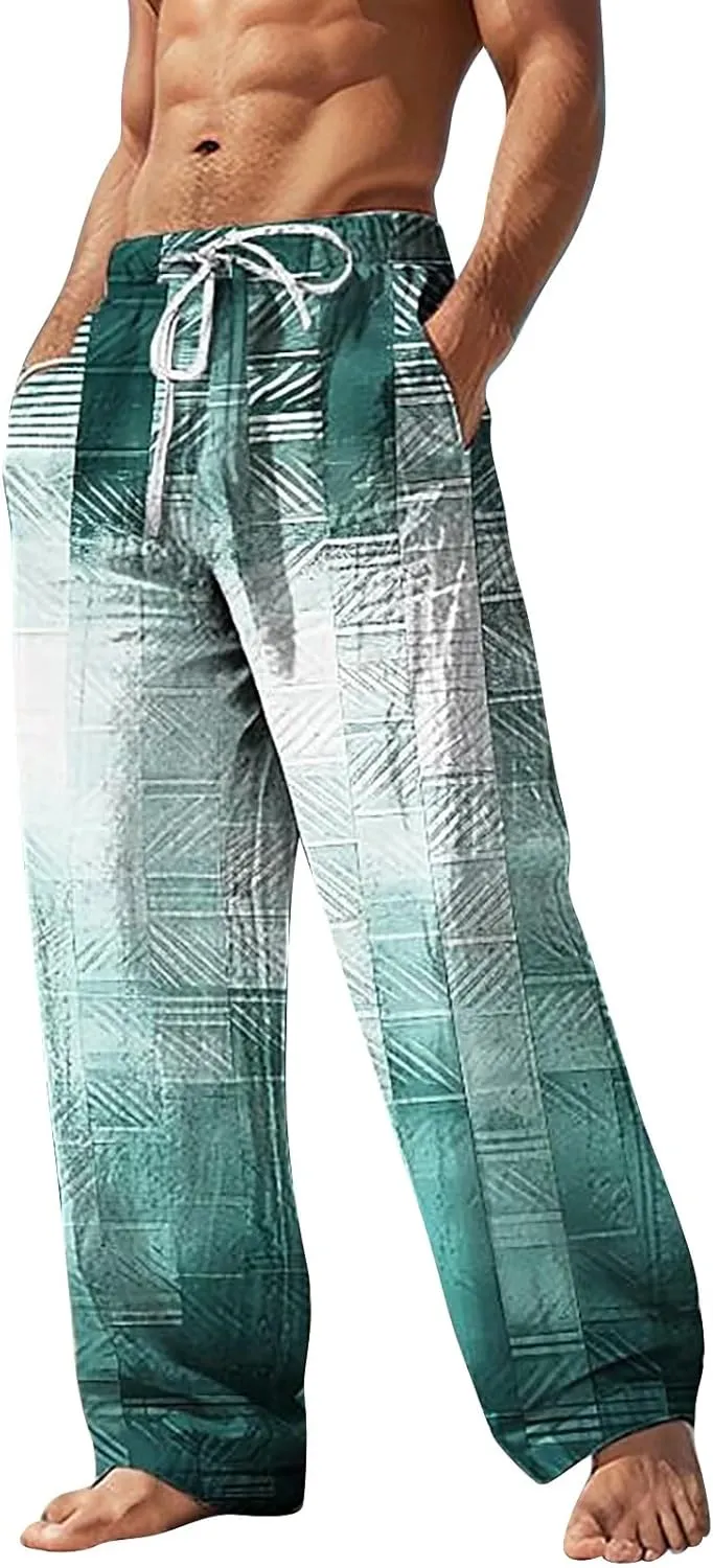 Men's Linen Trousers Summer Elastic High Waist Drawtring Pants Drawstring Lightweight Holiday Streetwears Summer Casual Pants