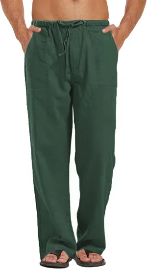 Men's Pants Summer Beach Trousers Cotton Linen Trouser Casual Lightweight Drawstring Yoga Pant