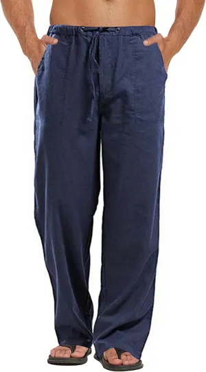 Men's Pants Summer Beach Trousers Cotton Linen Trouser Casual Lightweight Drawstring Yoga Pant