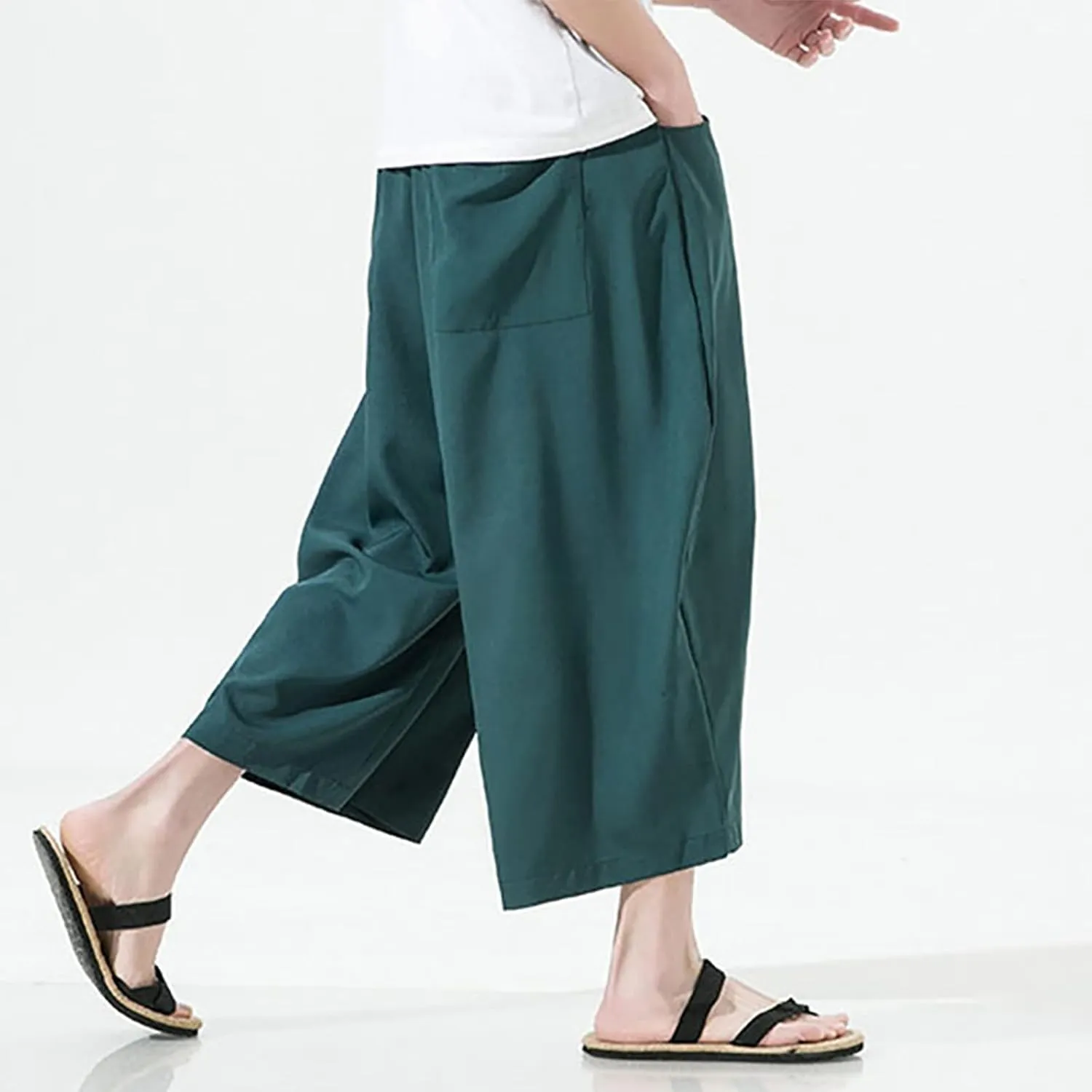 Mens Summer Ice Silk Capri Harem Pants with Drawstring Wide Leg Loose Slacks Breathable Beach Yoga Hippie Casual Trousers