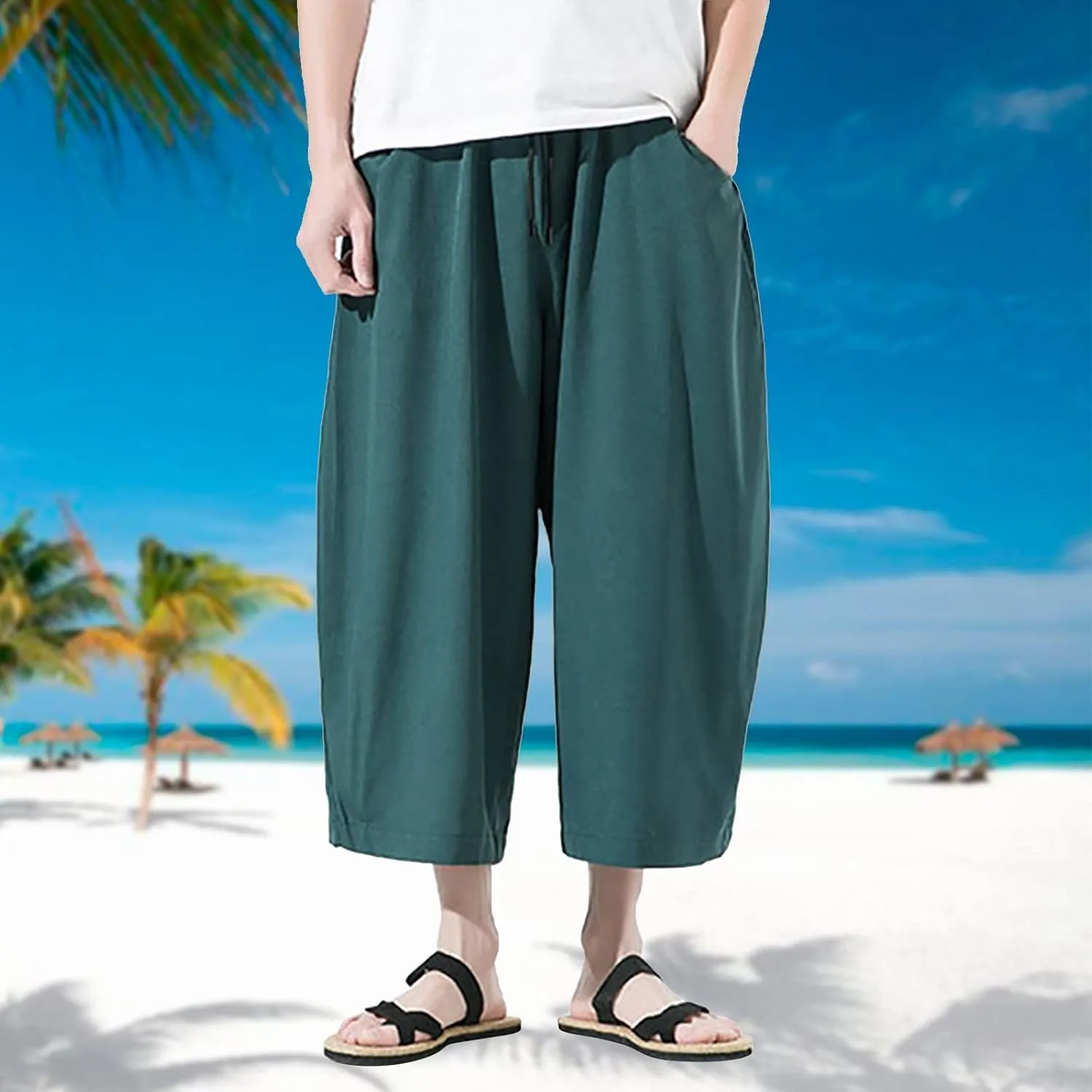 Mens Summer Ice Silk Capri Harem Pants with Drawstring Wide Leg Loose Slacks Breathable Beach Yoga Hippie Casual Trousers
