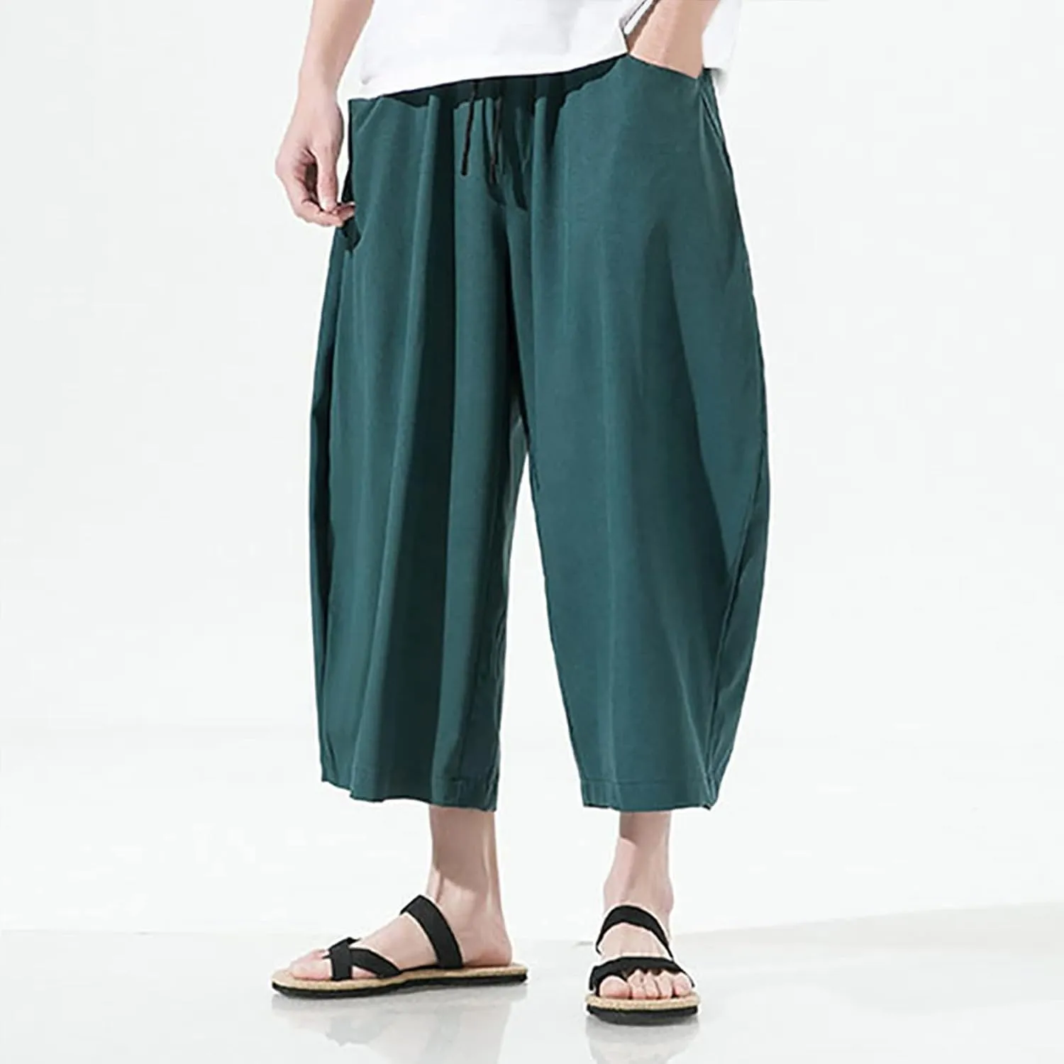 Mens Summer Ice Silk Capri Harem Pants with Drawstring Wide Leg Loose Slacks Breathable Beach Yoga Hippie Casual Trousers