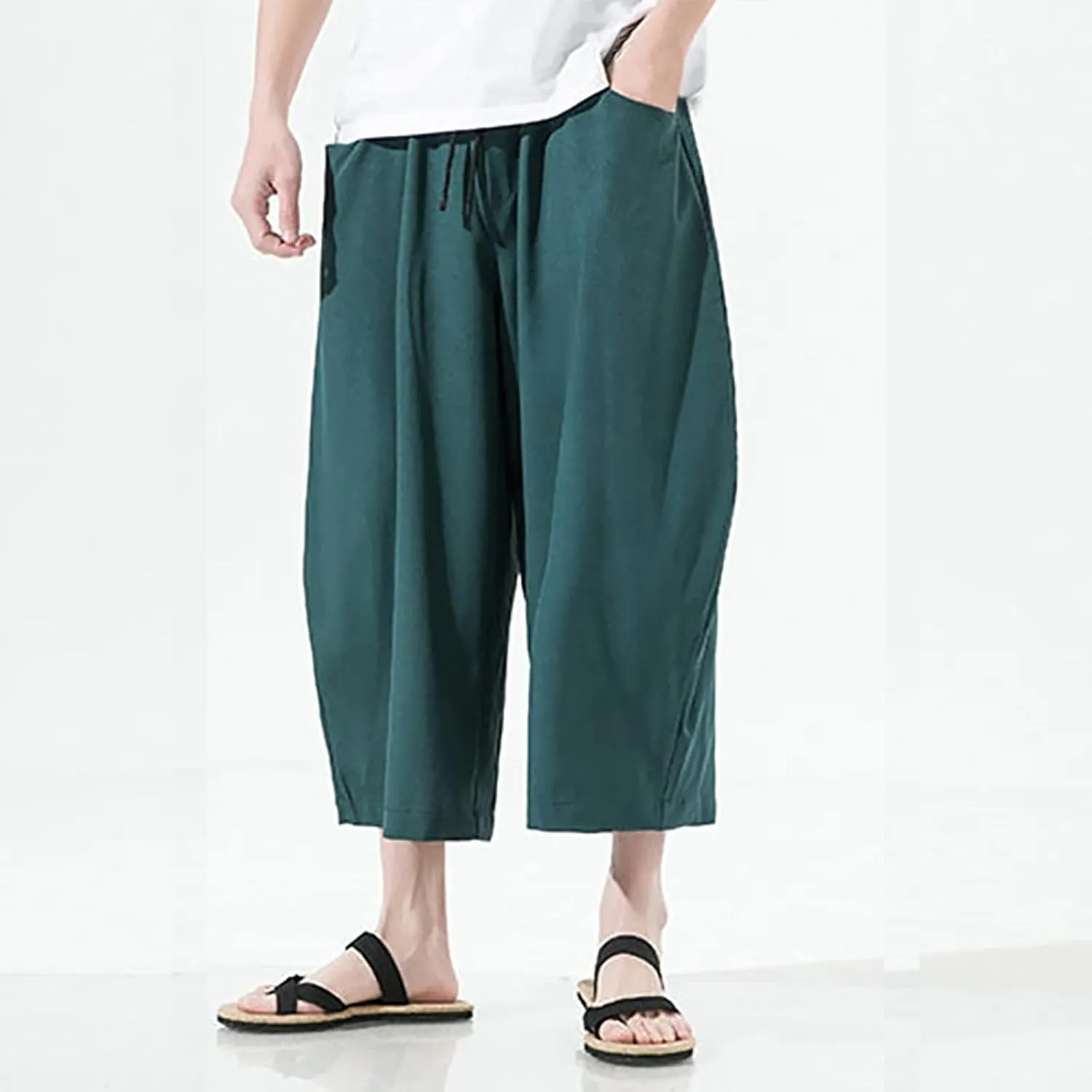Mens Summer Ice Silk Capri Harem Pants with Drawstring Wide Leg Loose Slacks Breathable Beach Yoga Hippie Casual Trousers
