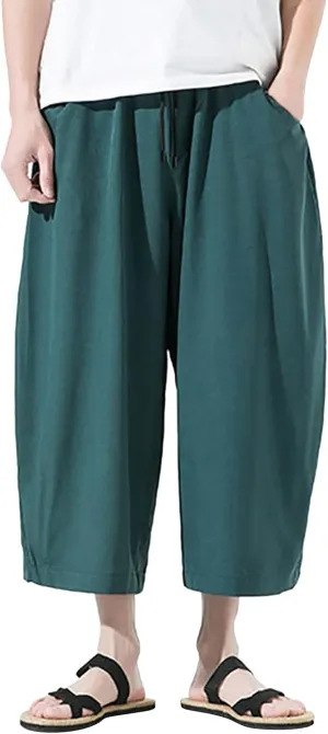 Mens Summer Ice Silk Capri Harem Pants with Drawstring Wide Leg Loose Slacks Breathable Beach Yoga Hippie Casual Trousers