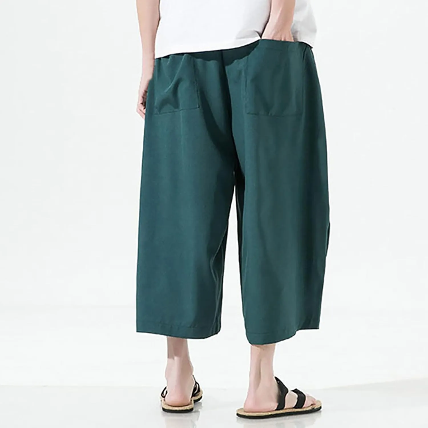 Mens Summer Ice Silk Capri Harem Pants with Drawstring Wide Leg Loose Slacks Breathable Beach Yoga Hippie Casual Trousers
