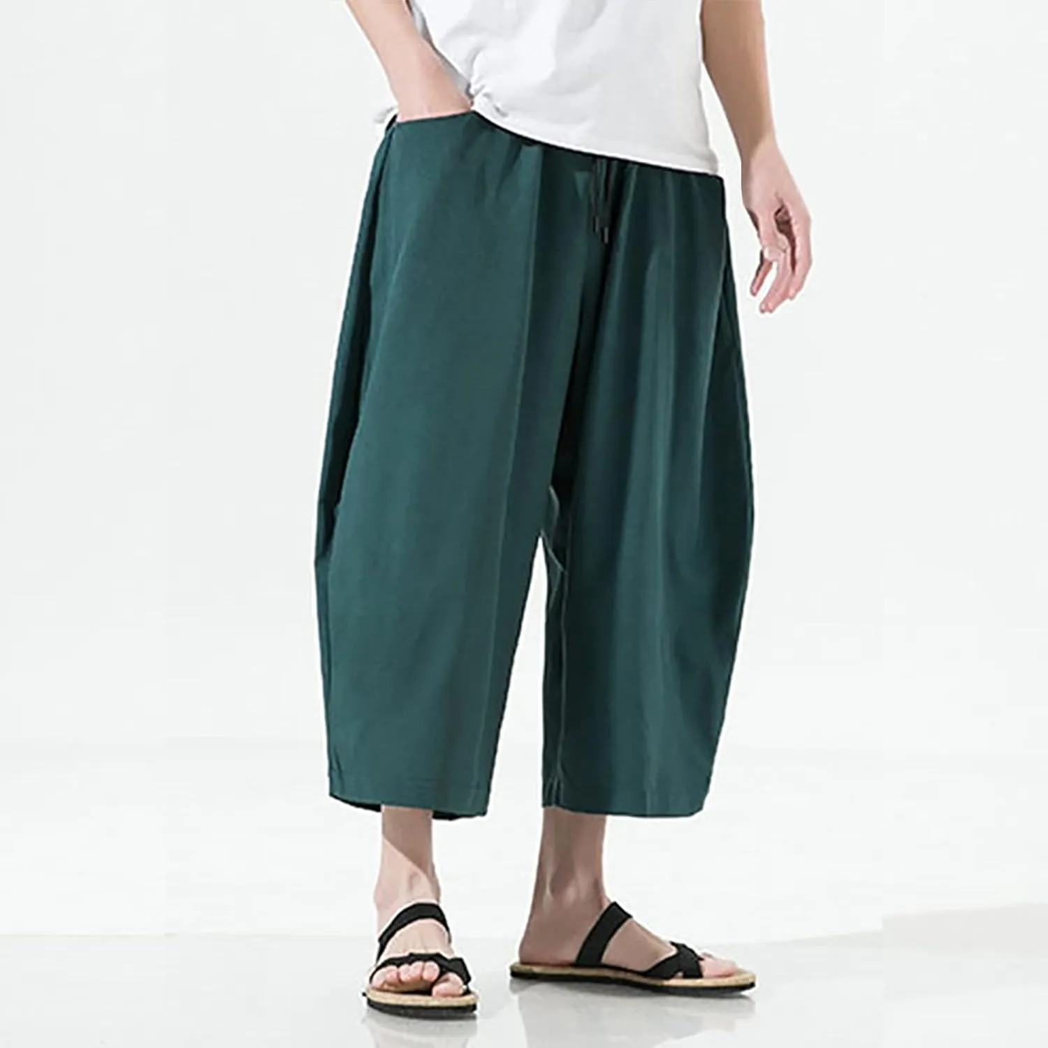 Mens Summer Ice Silk Capri Harem Pants with Drawstring Wide Leg Loose Slacks Breathable Beach Yoga Hippie Casual Trousers