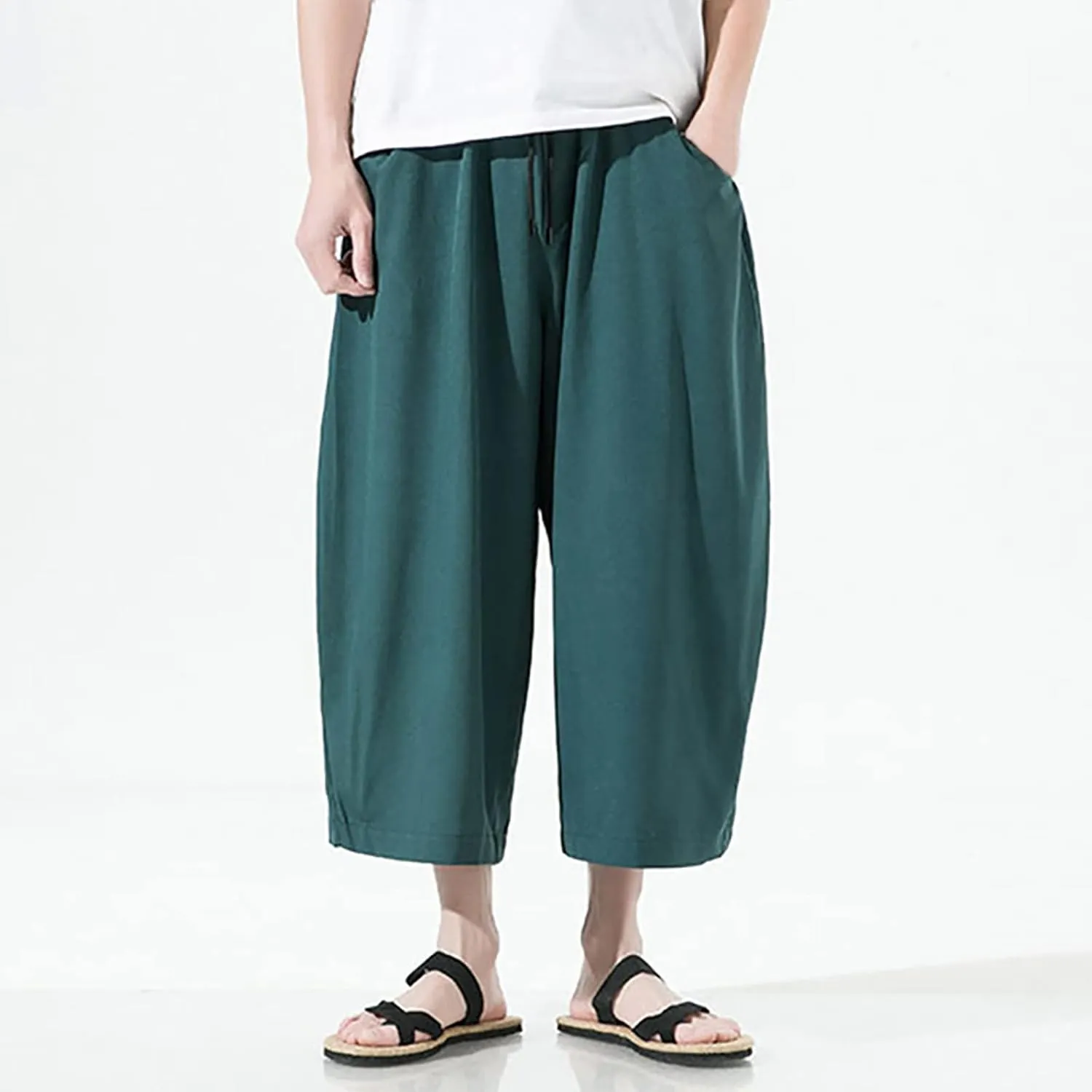 Mens Summer Ice Silk Capri Harem Pants with Drawstring Wide Leg Loose Slacks Breathable Beach Yoga Hippie Casual Trousers