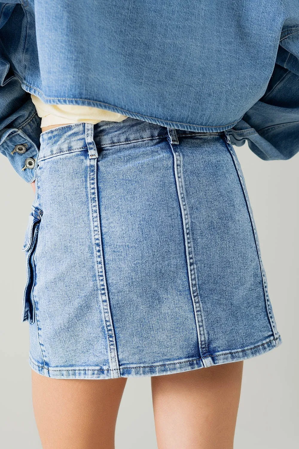 Mid Wash Mini Skirt With Cargo Pockets