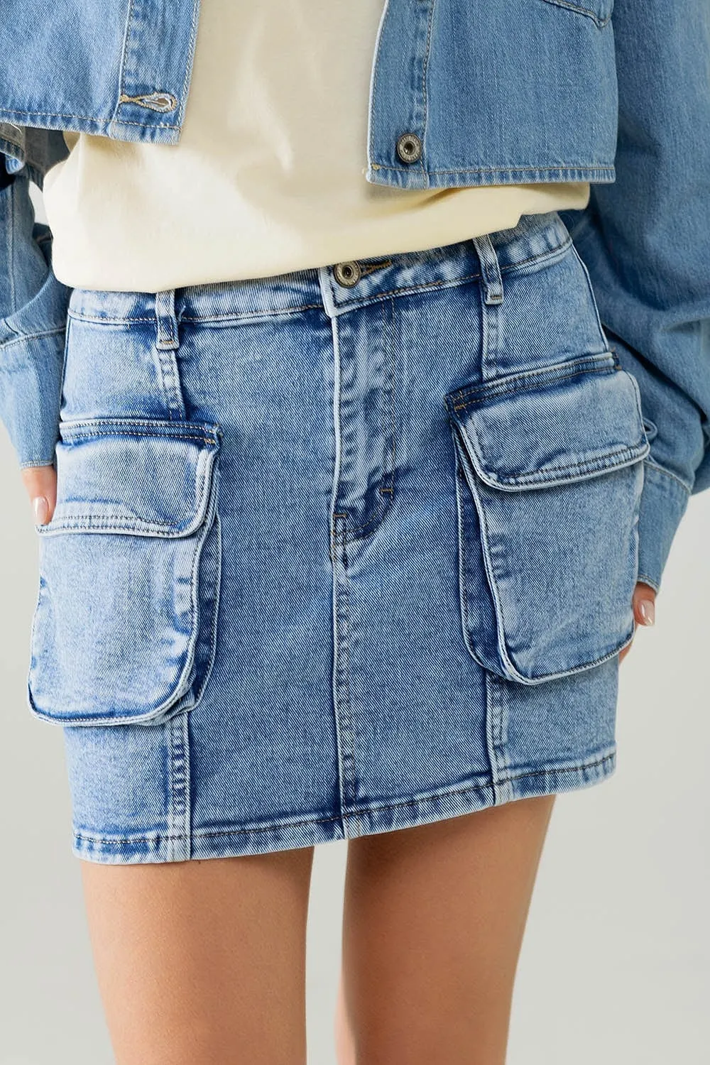 Mid Wash Mini Skirt With Cargo Pockets