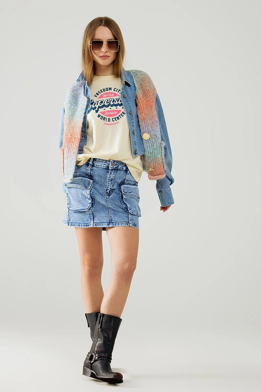 Mid Wash Mini Skirt With Cargo Pockets