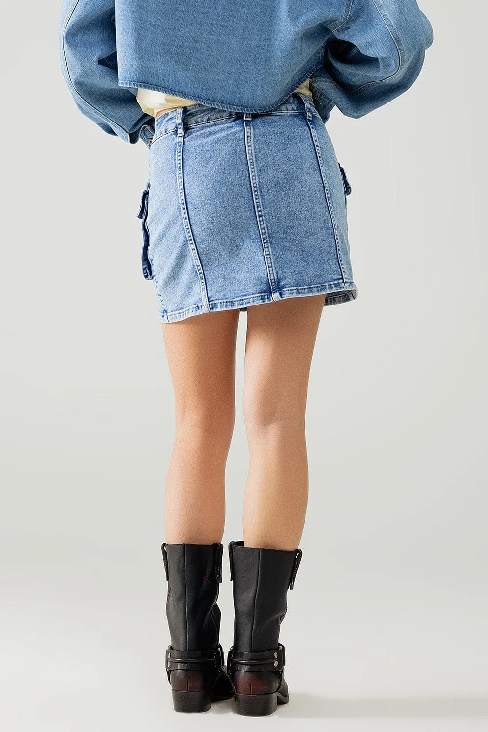 Mid Wash Mini Skirt With Cargo Pockets