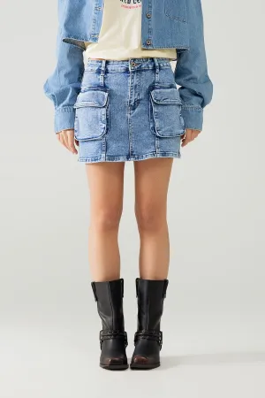 Mid Wash Mini Skirt With Cargo Pockets