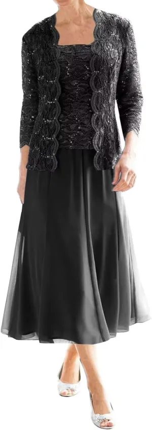 Mother of The Bride Dresses for Wedding Tea Length Lace Chiffon Formal Dress 2 Piece Grandmother Dresses with Jackets